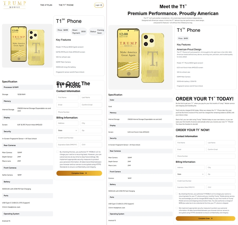 Điện thoại Trump Mobile T1 không được sản xuất tại Mỹ, thông số kỹ thuật đã âm thầm thay đổi