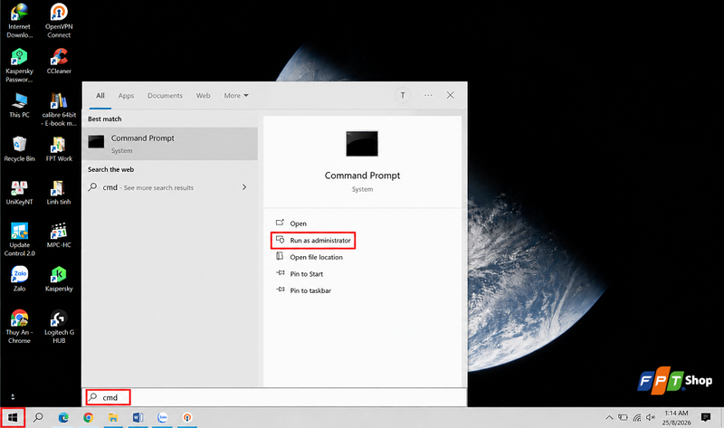 Mở Command Prompt với quyền quản trị viên