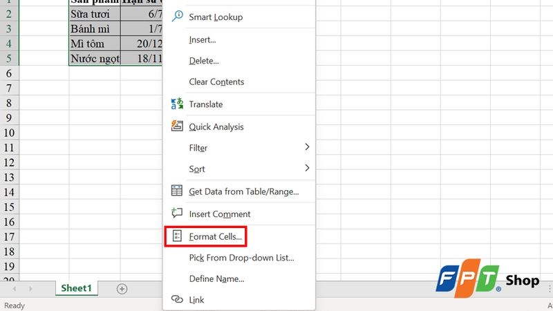Nhấn "Format Cells"