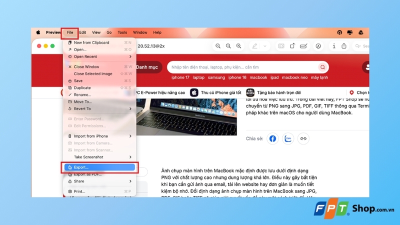 chọn File và Export