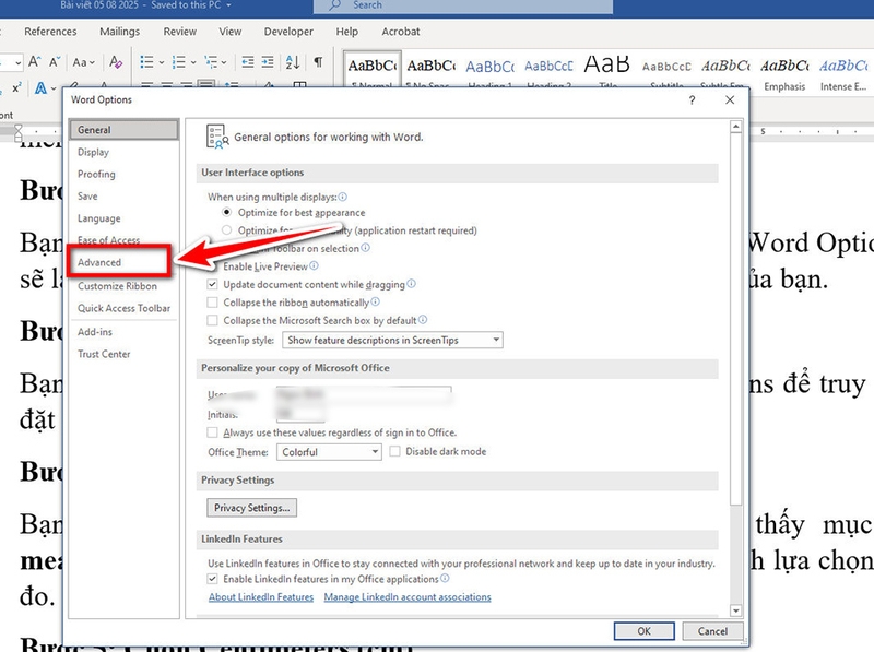 Đổi đơn vị đo trong Word