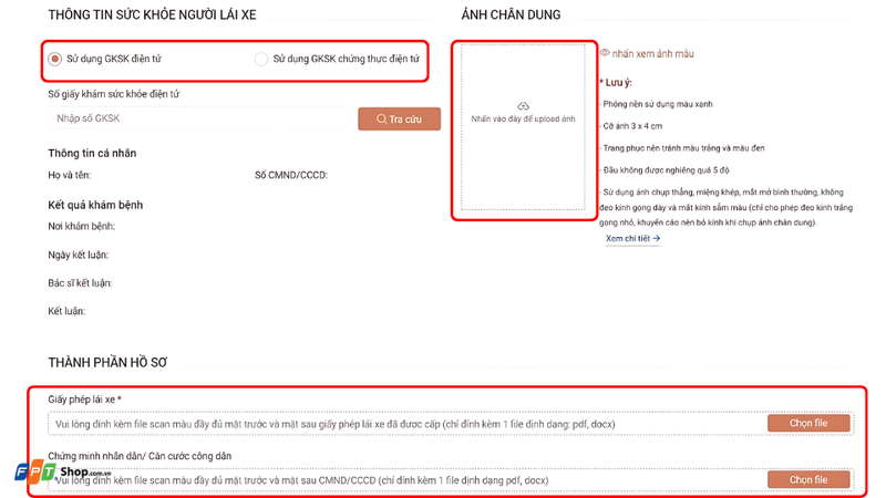 Mục thông tin sức khỏe người lái xe và upload file