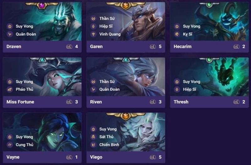 Sự kết hợp các tướng trong đội hình Draven Suy Vong DTCL