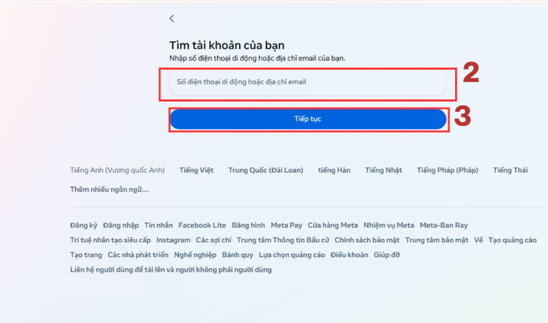Điền email hoặc số điện thoại liên kết với Facebook rồi nhấn Tiếp tục