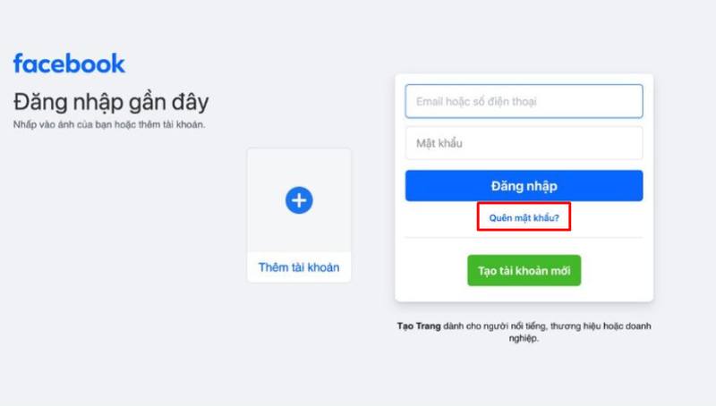 Tại giao diện đăng nhập Facebook, nhấn vào mục Quên mật khẩu