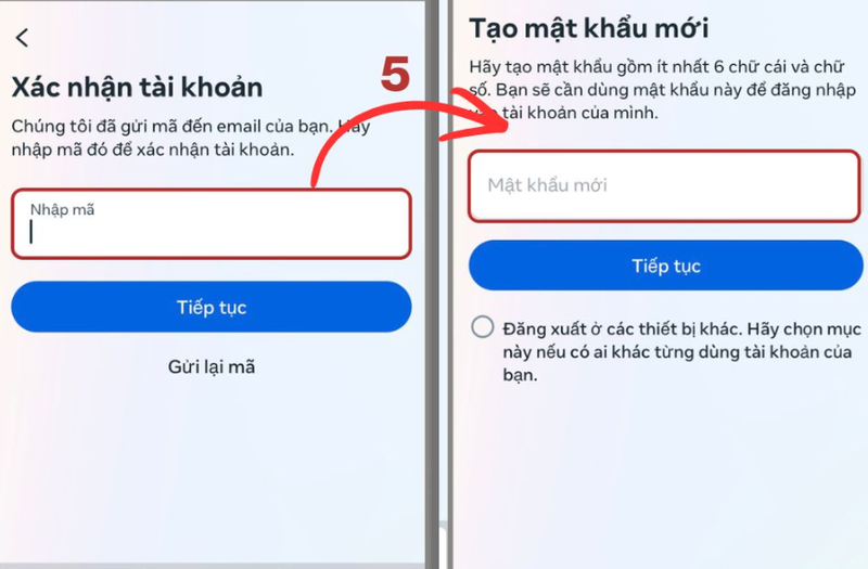 Nhập mã xác minh vừa nhận được, sau đó tiến hành tạo mật khẩu Facebook mới