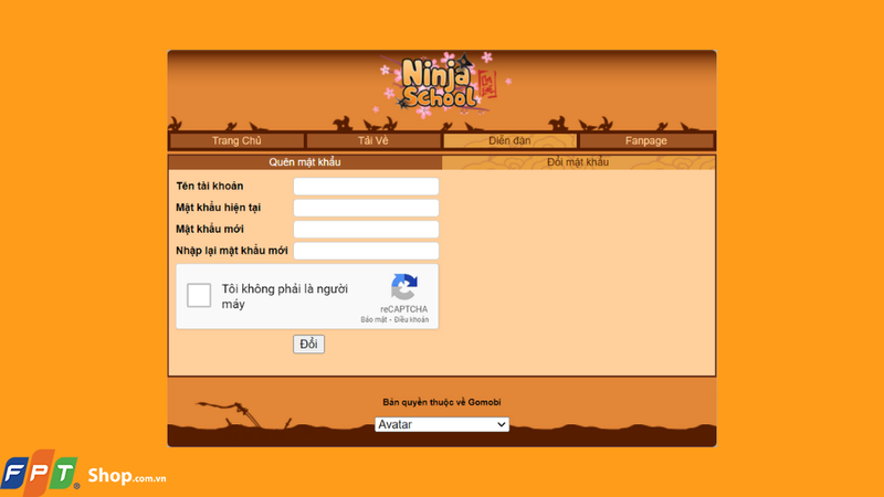 Truy cập vào giao diện Đổi Mật Khẩu của Ninja School Online tại đây