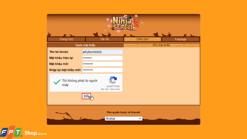 Nhấn Đổi để hoàn tất việc đổi mật khẩu Ninja School Online