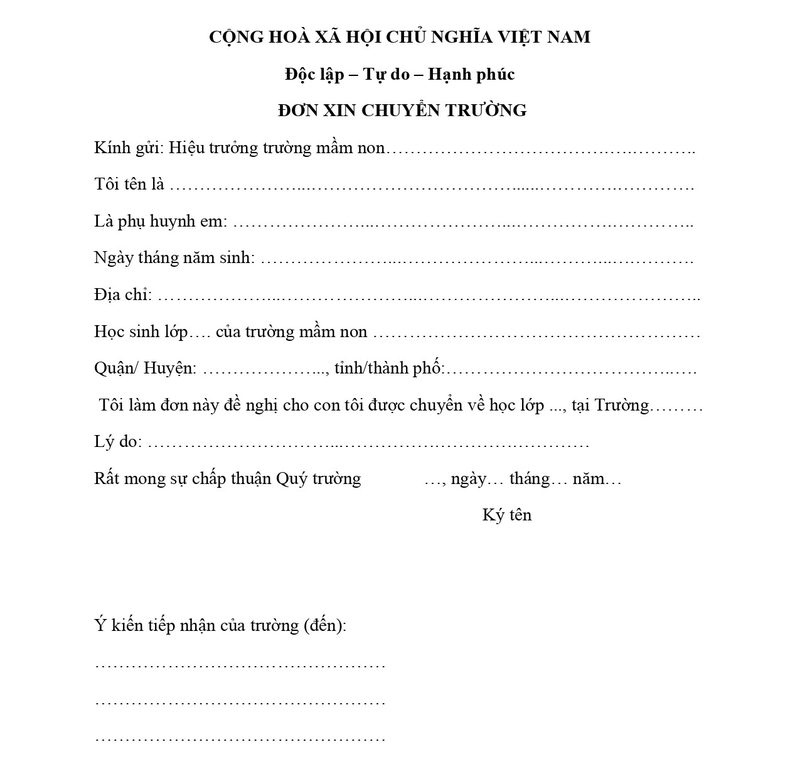 Mẫu đơn xin chuyển trường mầm non