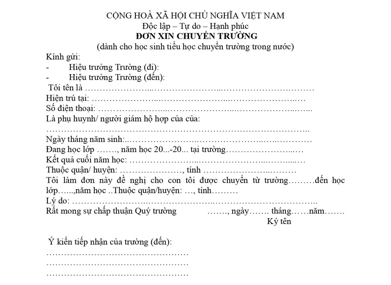 Mẫu đơn xin chuyển trường tiểu học