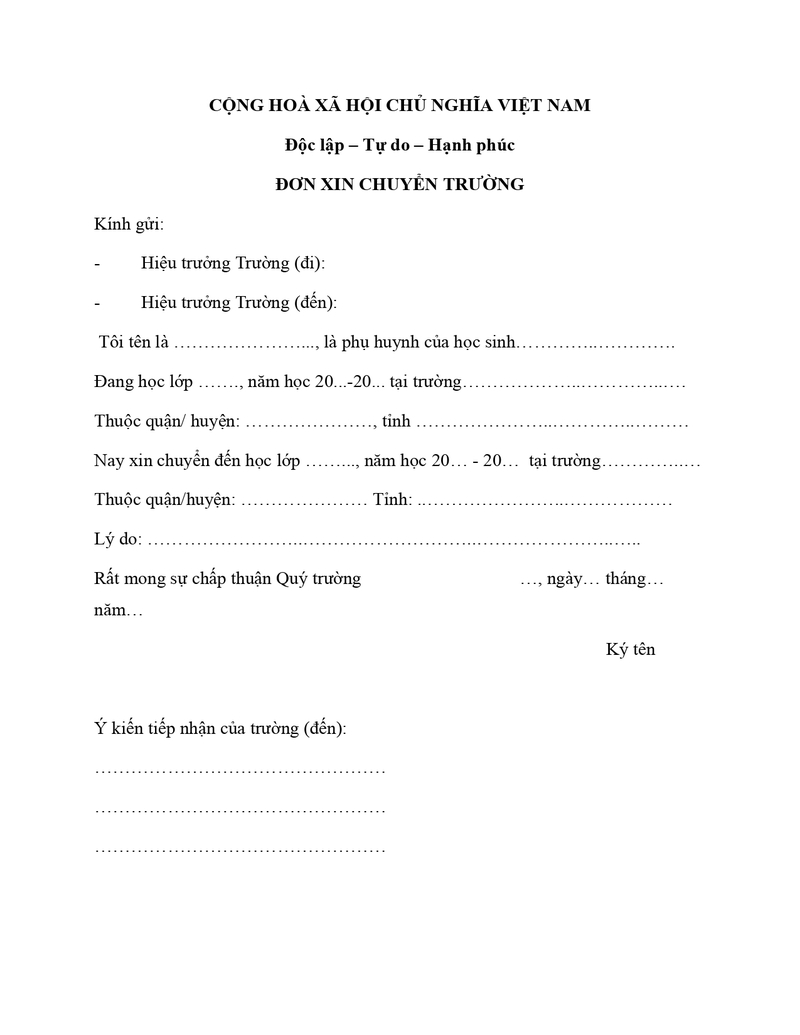Mẫu đơn xin chuyển trường THCS