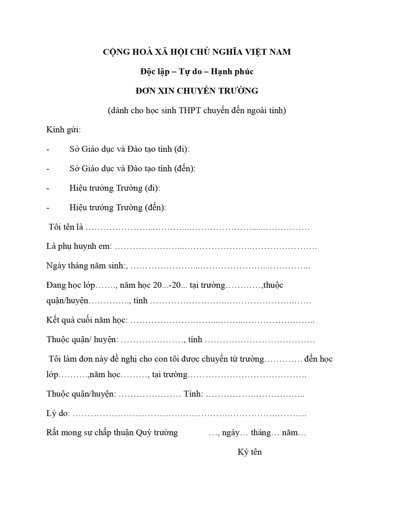 Mẫu đơn xin chuyển trường THPT
