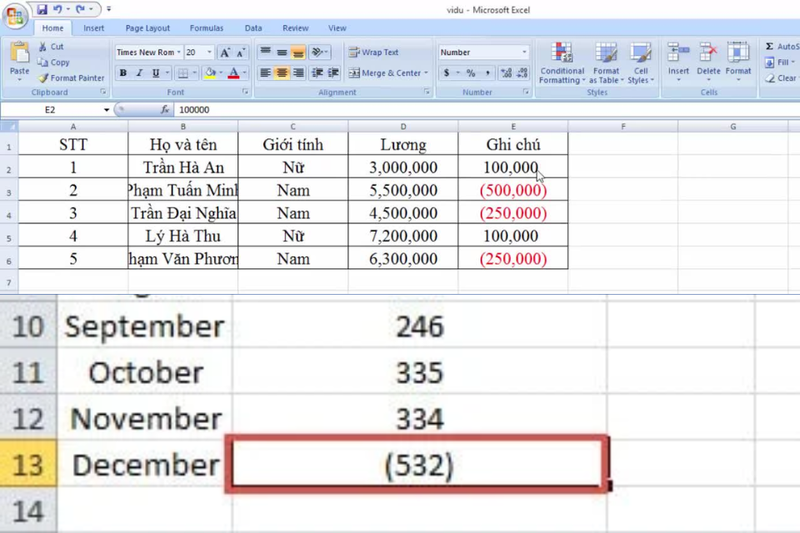 đóng dấu ngoặc số âm trong Excel (1)