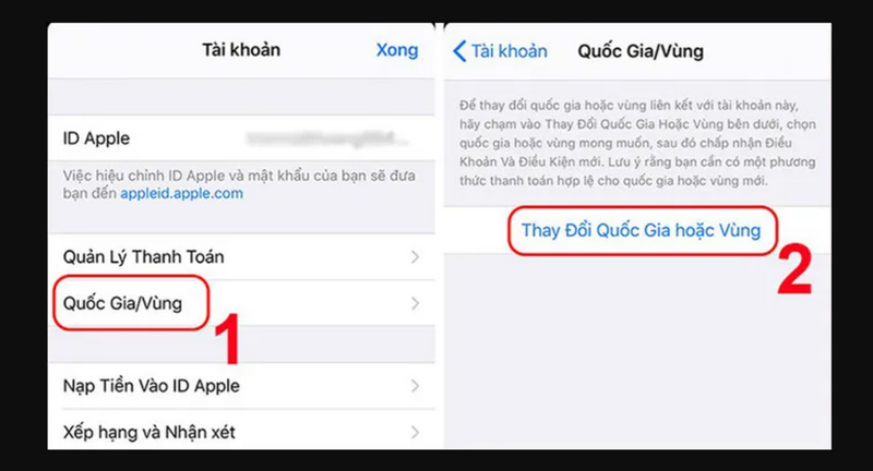 Tìm và chọn "Quốc Gia/Vùng"