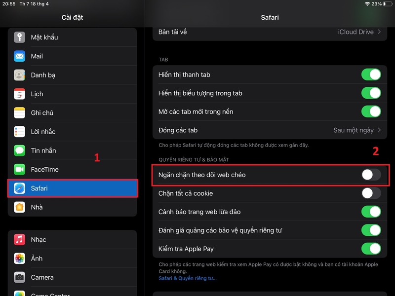 duyệt web riêng tư trong Safari trên iPad 8
