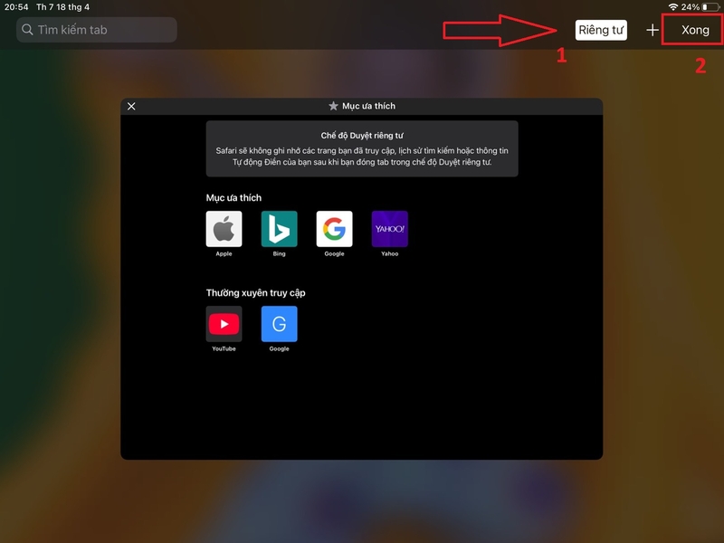 duyệt web riêng tư trong Safari trên iPad 6
