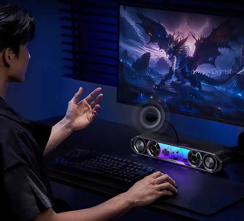 Micro tháo rời trên Edifier Hecate G2000 Bar hỗ trợ khử ồn AI, giúp giọng nói rõ hơn khi giao tiếp trong game.