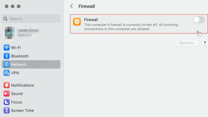 Truy cập mục Network (Mạng) > chọn Firewall, sau đó gạt nút sang trạng thái tắt