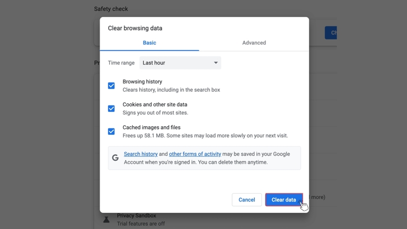 Nhấn Clear data (Xóa dữ liệu)