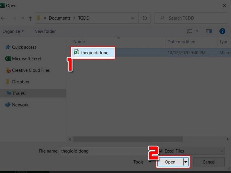 Tìm và nhấn chọn tệp Excel