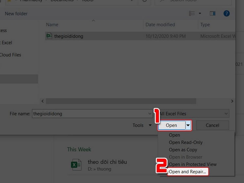 Điều hướng đến thư mục chứa tệp Excel bị lỗi