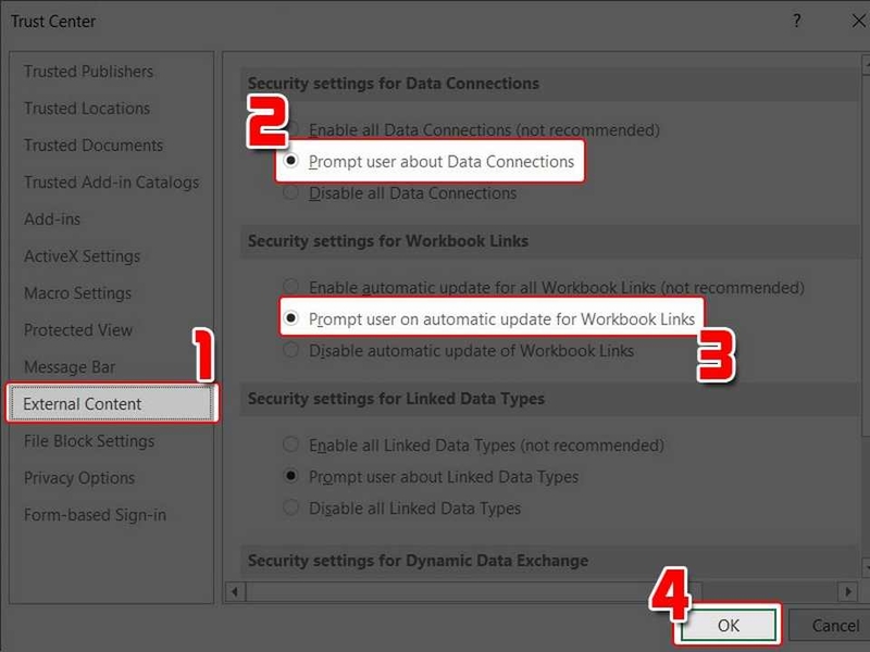 Tích chọn&nbsp;Prompt user on automatic update for Workbook links
