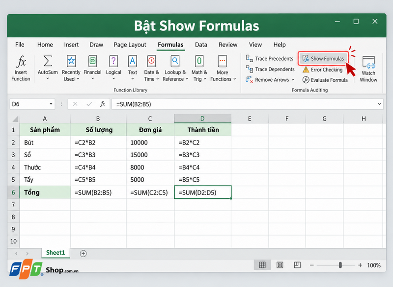 Excel không hiện công thức 1