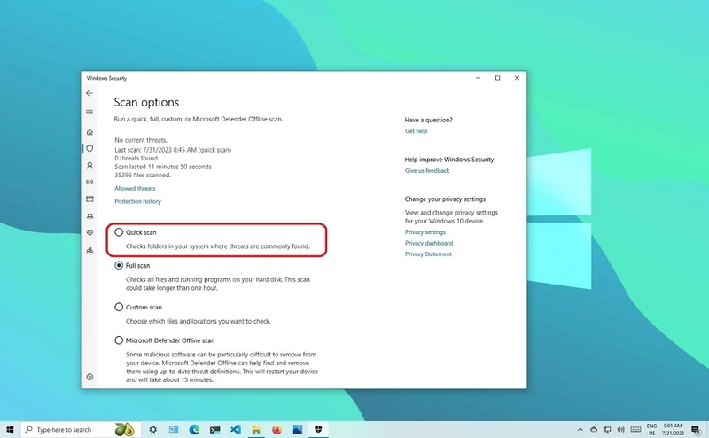 Quét và loại bỏ virus bằng Windows Defender