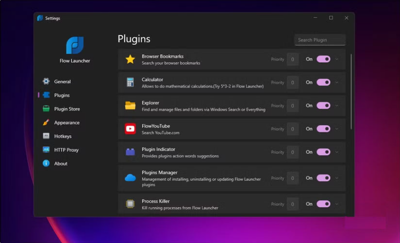 Flow Launcher đi kèm một số plugin tích hợp sẵn như Browser Bookmark, Calculator, File Explorer, Process và Shell