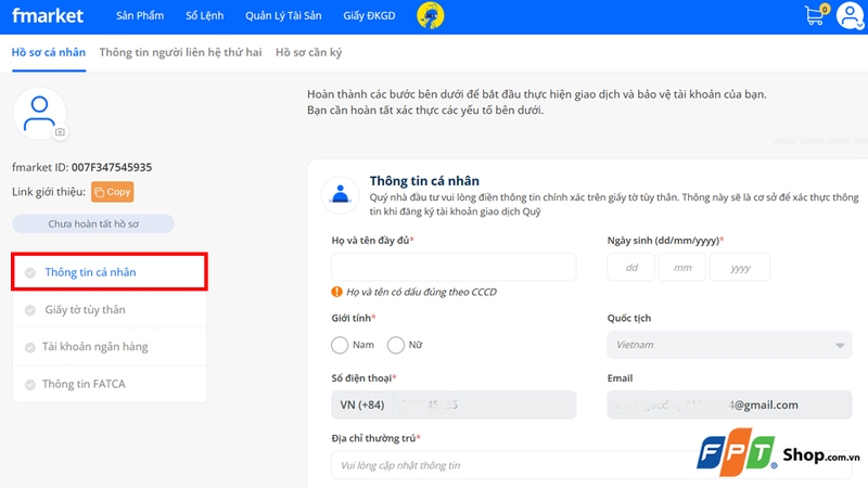 Điền đầy đủ các thông tin theo yêu cầu