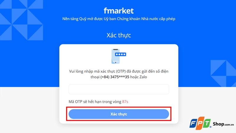 Nhập mã OTP vừa gửi đến số điện thoại