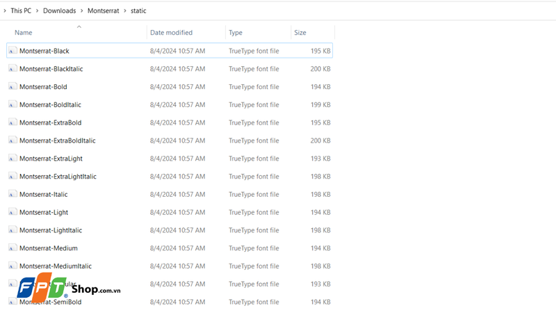 File font Montserrat cài đặt vào máy