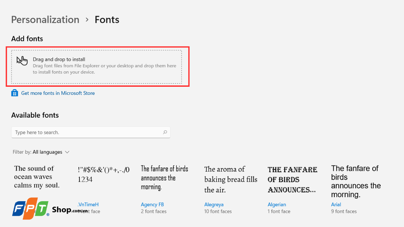 Kéo file font vào ô