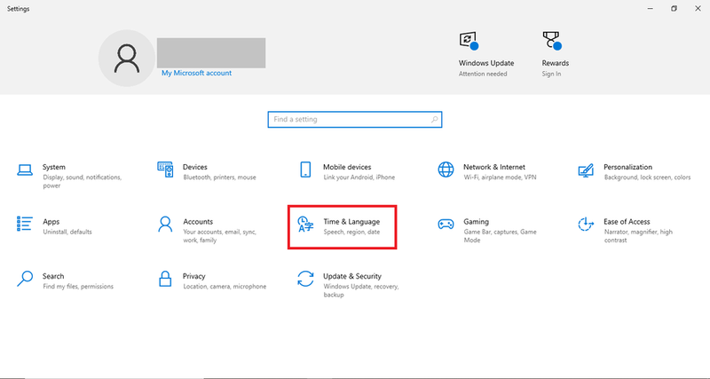 Mở cửa sổ Setting và chọn “Time and Language”