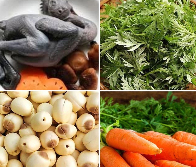 Nguyên liệu làm món gà hầm thuốc bắc ngải cứu