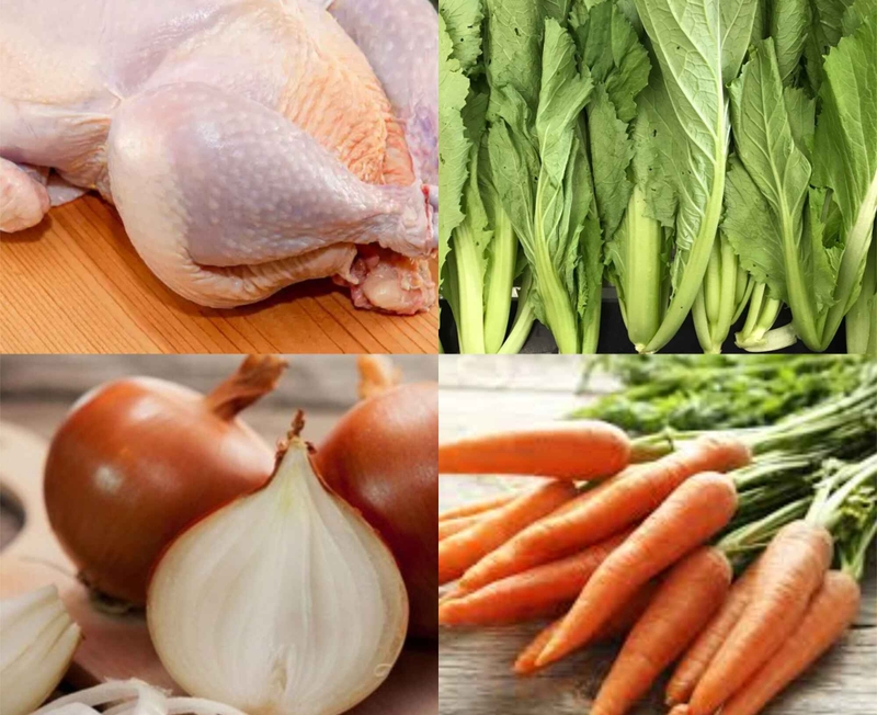 Nguyên liệu cho món gà hấp cải bẹ xanh