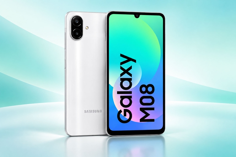Galaxy M08 có thiết kế phẳng, cụm camera kép bố trí dọc ở mặt lưng.