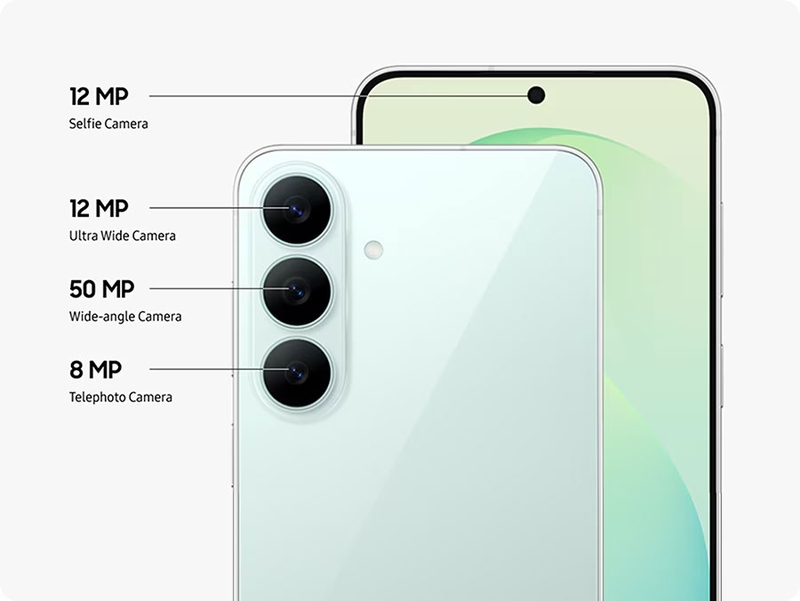Galaxy S26 FE có camera chính 50 MP, góc siêu rộng 12 MP, tele 8 MP và selfie 12 MP.