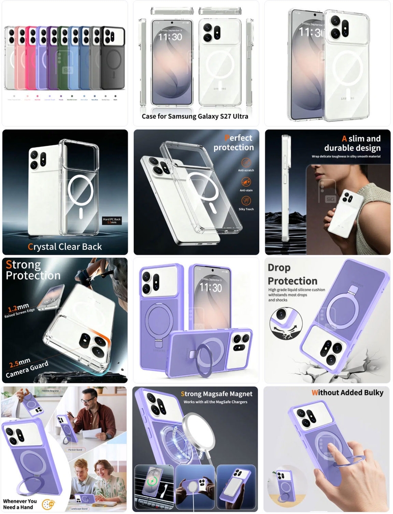 Loạt ốp lưng Galaxy S27 Pro và Galaxy S27 Ultra cho thấy hai mẫu máy có nhiều điểm tương đồng về thiết kế mặt lưng.