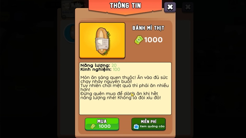 Cần ăn thực phẩm để nạp Năng Lượng cho nhân vật game