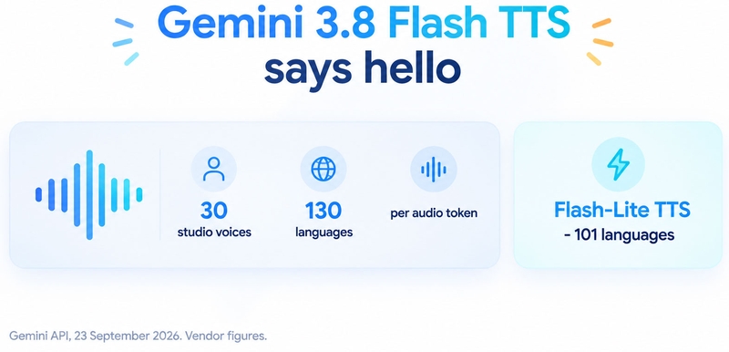 Gemini 3.8 Flash TTS hỗ trợ hơn 100 ngôn ngữ và 30 giọng gốc có thể mở rộng bằng giọng tùy chỉnh.