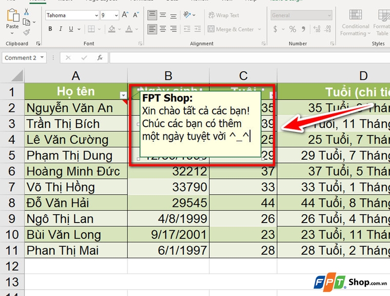 Sử dụng ghi chú trong Excel - 04
