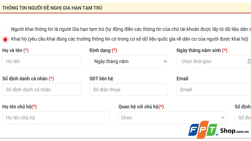 Điền thông tin người đề nghị gia hạn tạm trú online