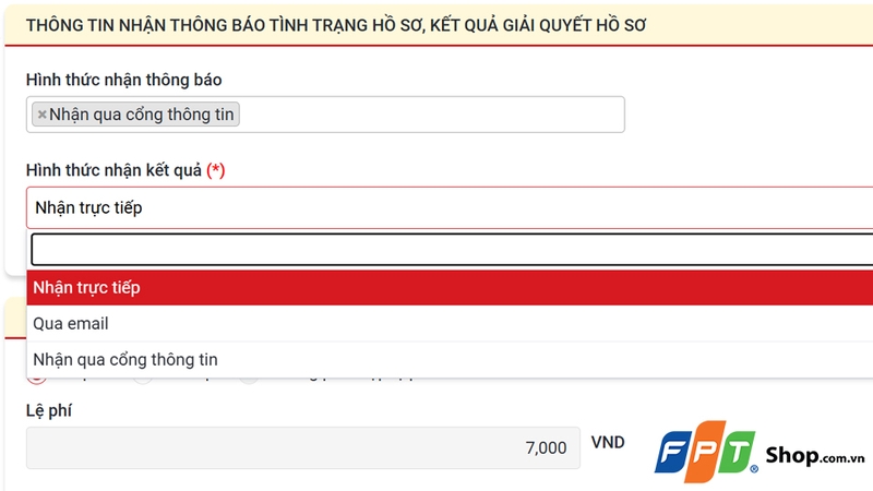 Chọn hình thức nhận kết quả