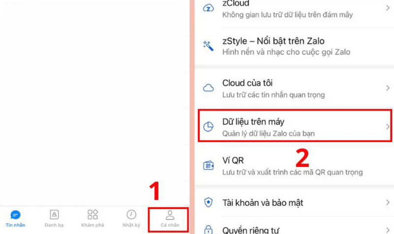 Truy cập phần Dữ liệu trên ứng dụng Zalo