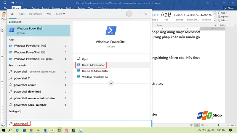 Bước 1: Mở PowerShell với quyền quản trị viên (Administrator)