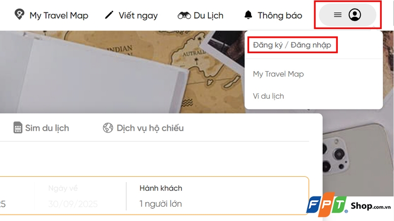 Chọn mục Đăng ký/Đăng nhập