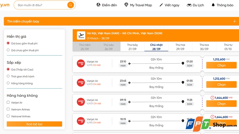 Giao diện tìm kiếm và so sánh vé máy bay cực hữu ích