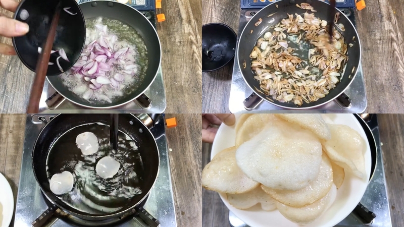 Bước 3: Làm hành phi và chiên bánh phồng