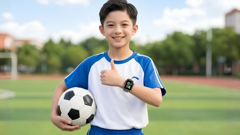 Bé trai tươi cười mặc đồng phục thể dục xanh trắng, ôm quả bóng đá và giơ ngón tay cái khoe đồng hồ thông minh trẻ em màu đen trên sân cỏ trường học.